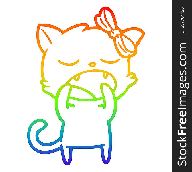 rainbow gradient line drawing of a cartoon yawning cat