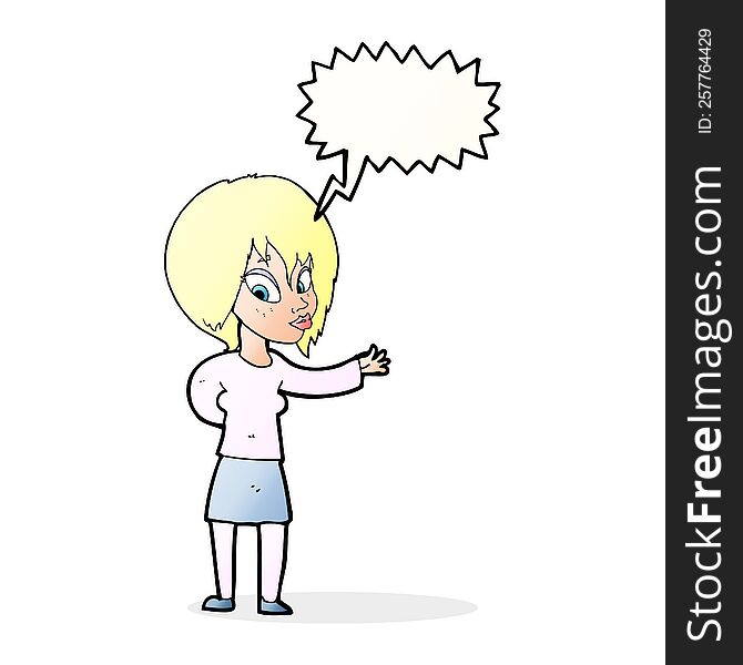 Cartoon Woman Making Welcome Gesture With Speech Bubble