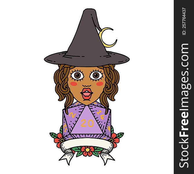 Human Witch With Natural Twenty Dice Roll Illustration