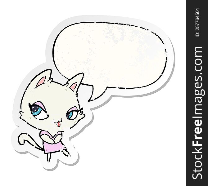 cute cartoon female cat with speech bubble distressed distressed old sticker. cute cartoon female cat with speech bubble distressed distressed old sticker