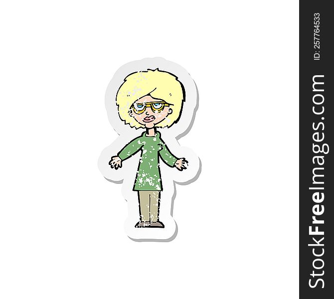 retro distressed sticker of a cartoon woman wearing glasses