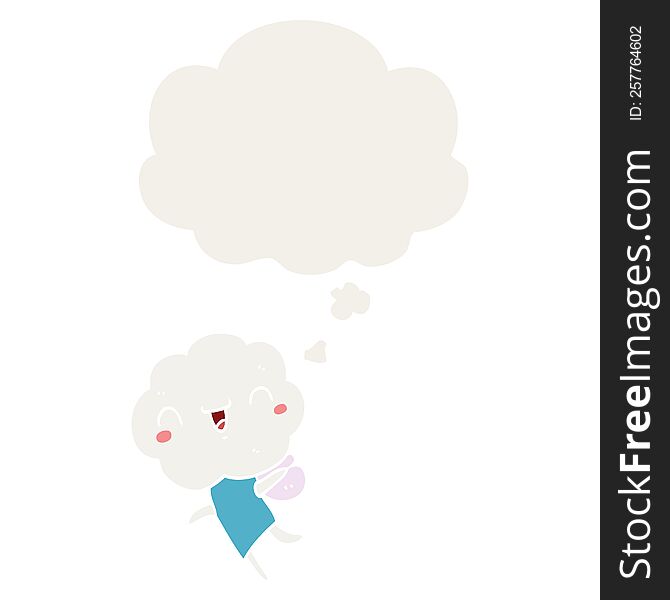 Cute Cartoon Cloud Head Creature And Thought Bubble In Retro Style