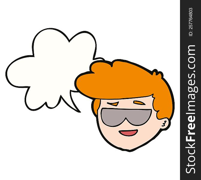 cartoon boy wearing sunglasses with speech bubble