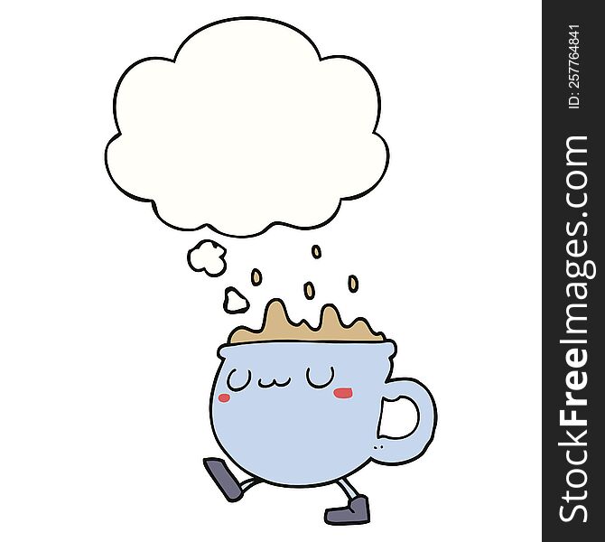 cartoon coffee cup walking with thought bubble