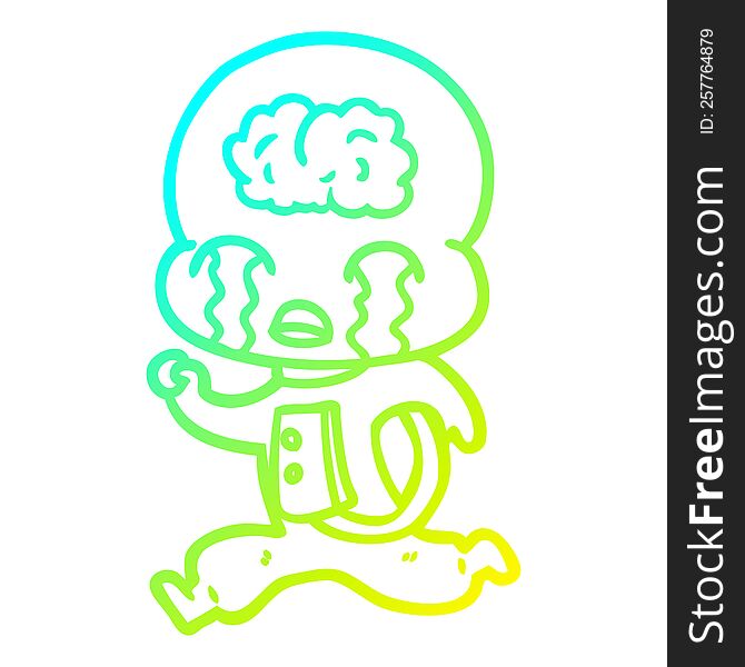 cold gradient line drawing of a cartoon big brain alien crying running