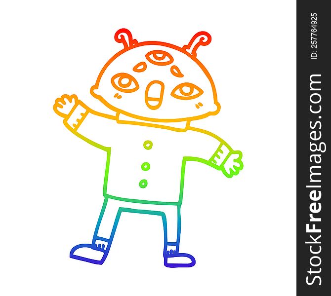 Rainbow Gradient Line Drawing Cartoon Alien Man In Sensible Clothes