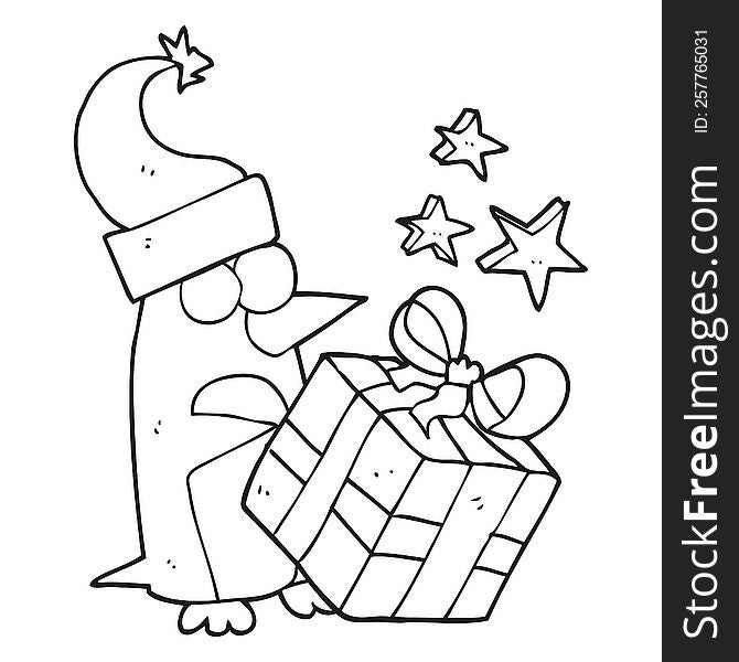 black and white cartoon christmas penguin with present