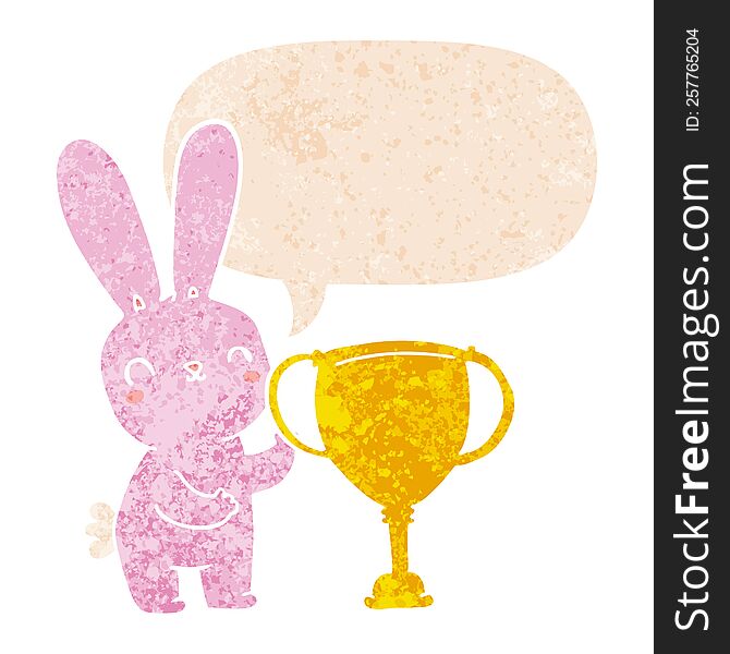 Cute Cartoon Rabbit With Sports Trophy Cup And Speech Bubble In Retro Textured Style