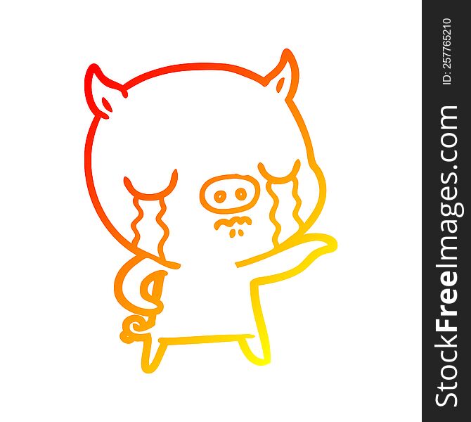 warm gradient line drawing of a cartoon pig crying pointing