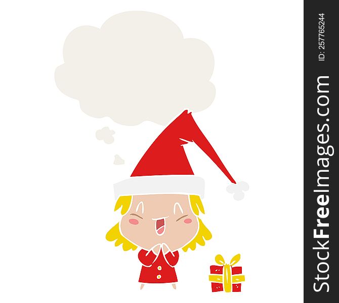 cartoon girl wearing christmas hat with thought bubble in retro style