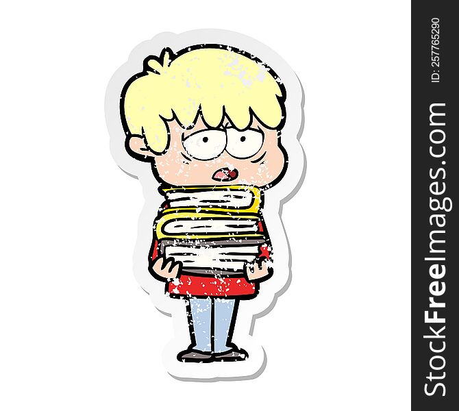 Distressed Sticker Of A Cartoon Exhausted Boy Holding Book