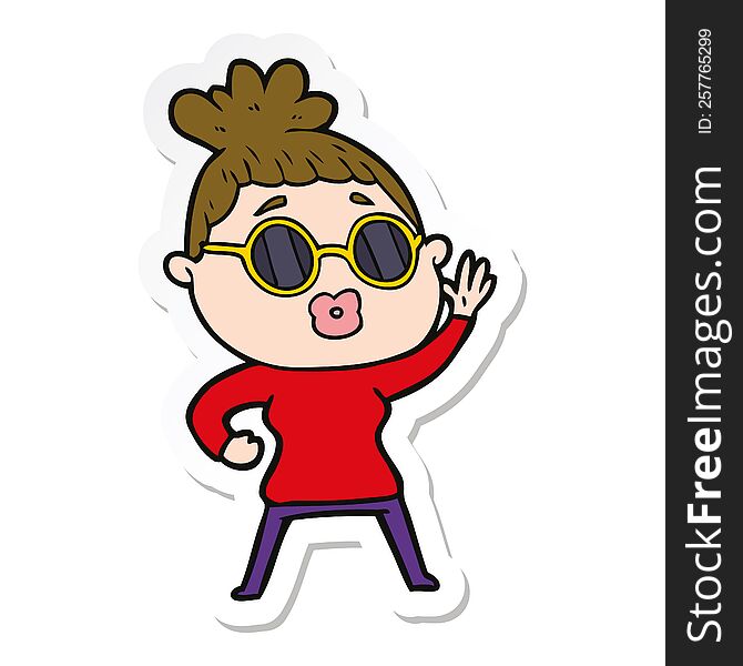 sticker of a cartoon waving woman wearing sunglasses