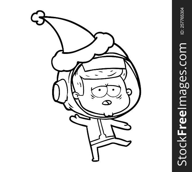 hand drawn line drawing of a tired astronaut wearing santa hat