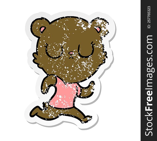 distressed sticker of a peaceful cartoon bear running