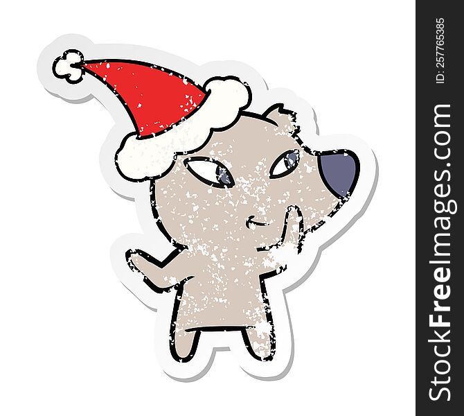 Cute Distressed Sticker Cartoon Of A Bear Wearing Santa Hat