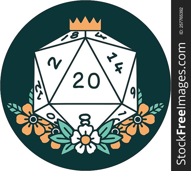 iconic tattoo style image of a d20. iconic tattoo style image of a d20