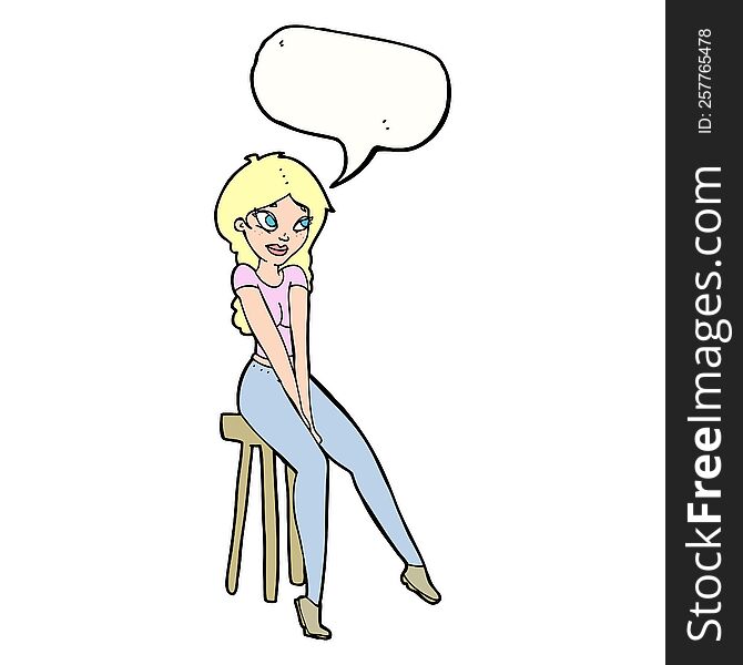 Cartoon Pretty Girl On Stool With Speech Bubble