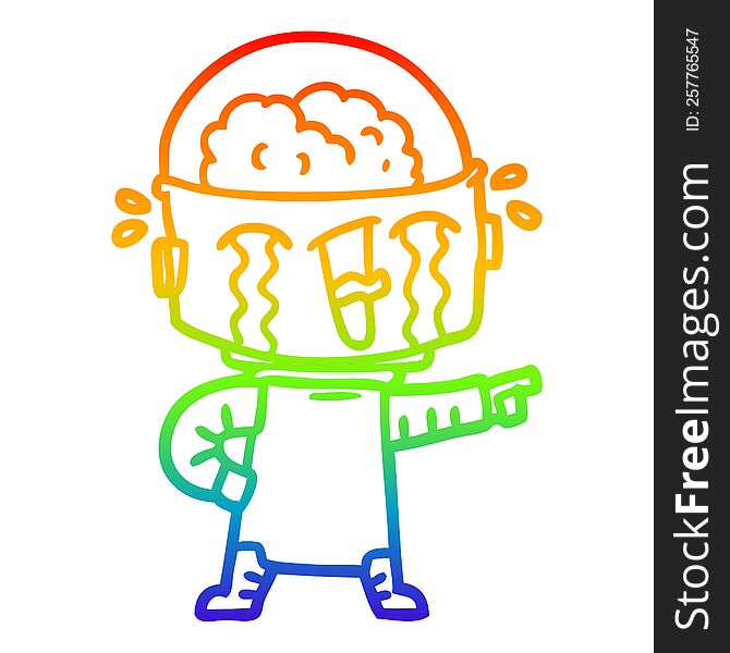 Rainbow Gradient Line Drawing Cartoon Crying Robot Pointing