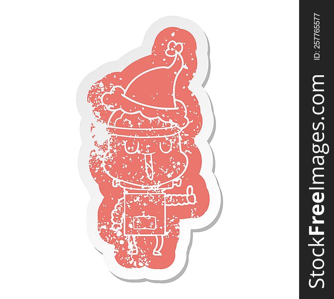 Happy Cartoon Distressed Sticker Of A Robot Wearing Santa Hat