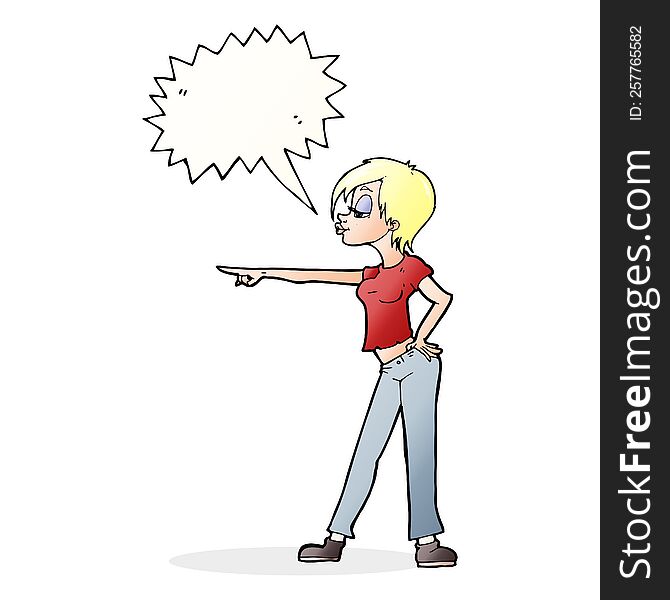 Cartoon Hip Woman Pointing With Speech Bubble