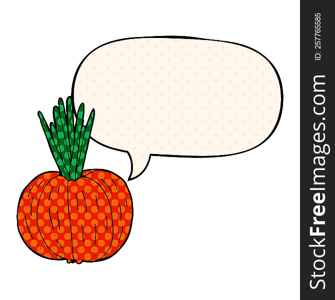 cartoon vegetable with speech bubble in comic book style