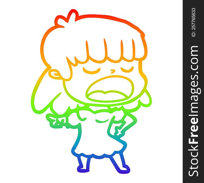 rainbow gradient line drawing of a cartoon woman talking loudly