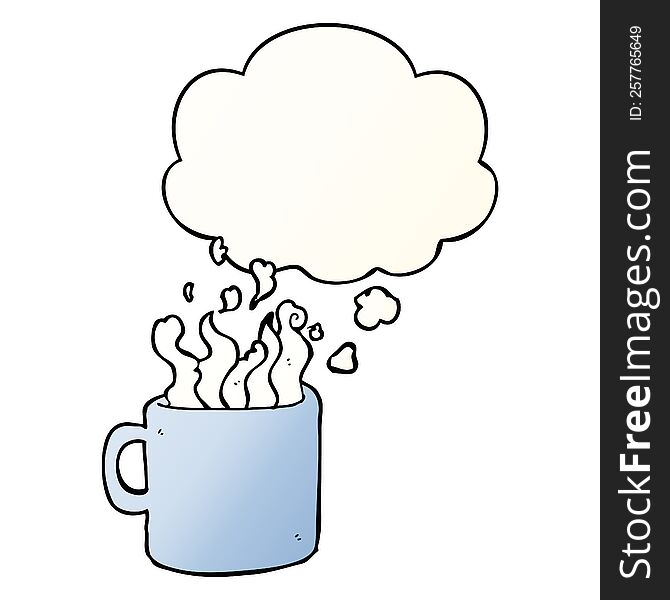 cartoon hot cup of coffee and thought bubble in smooth gradient style