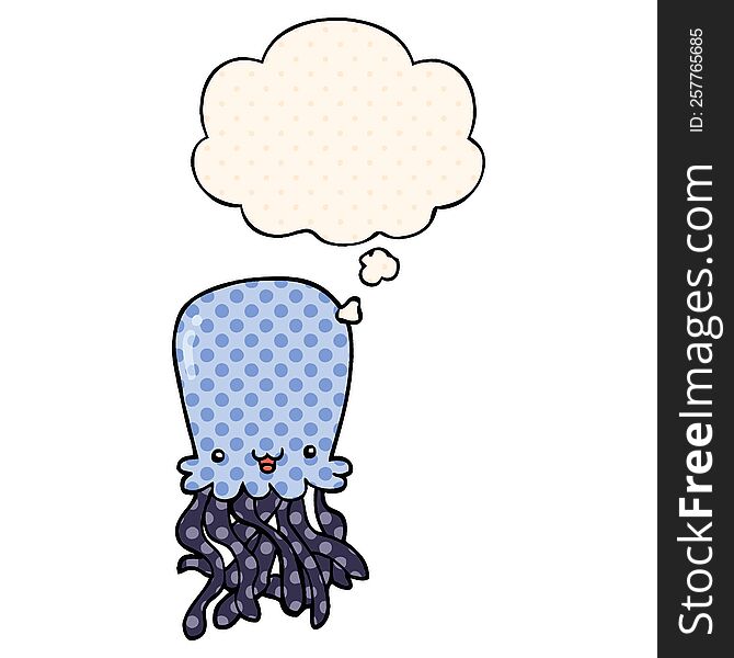 cartoon octopus with thought bubble in comic book style