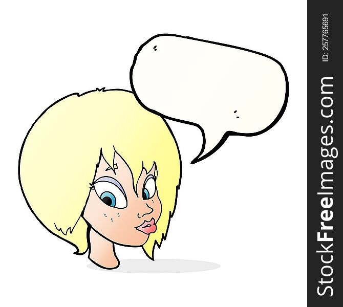 Cartoon Pretty Female Face Pouting With Speech Bubble