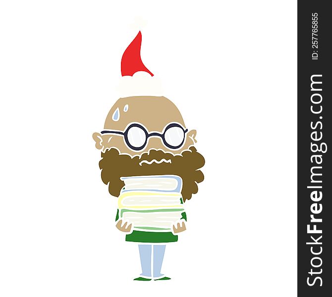 hand drawn flat color illustration of a worried man with beard and stack of books wearing santa hat