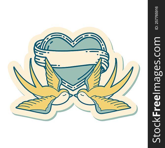 Tattoo Style Sticker Of A Swallows And A Heart With Banner