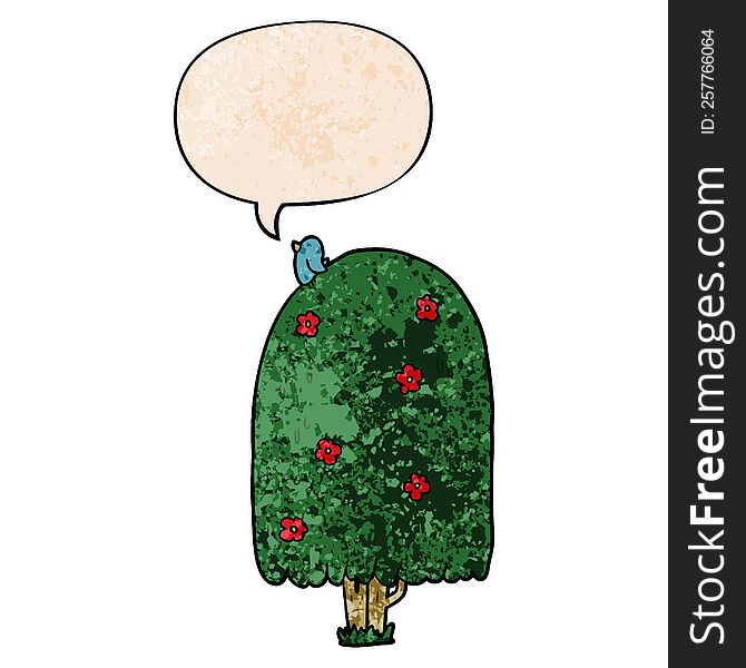 cartoon tall tree and speech bubble in retro texture style
