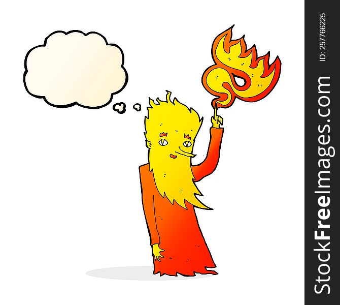 cartoon fire spirit with thought bubble