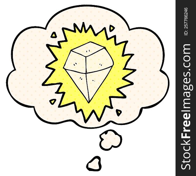 Cartoon Shining Crystal And Thought Bubble In Comic Book Style