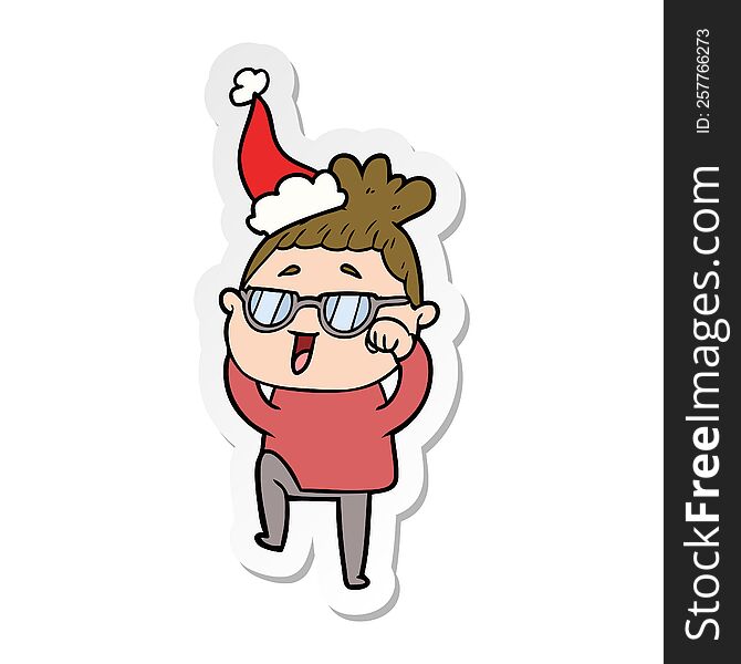 sticker cartoon of a happy woman wearing spectacles wearing santa hat