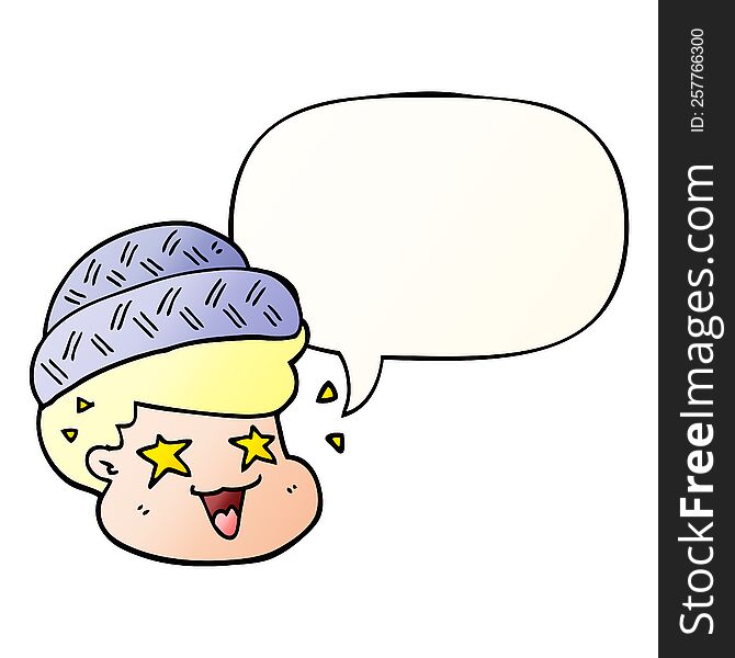 cartoon boy wearing hat with speech bubble in smooth gradient style