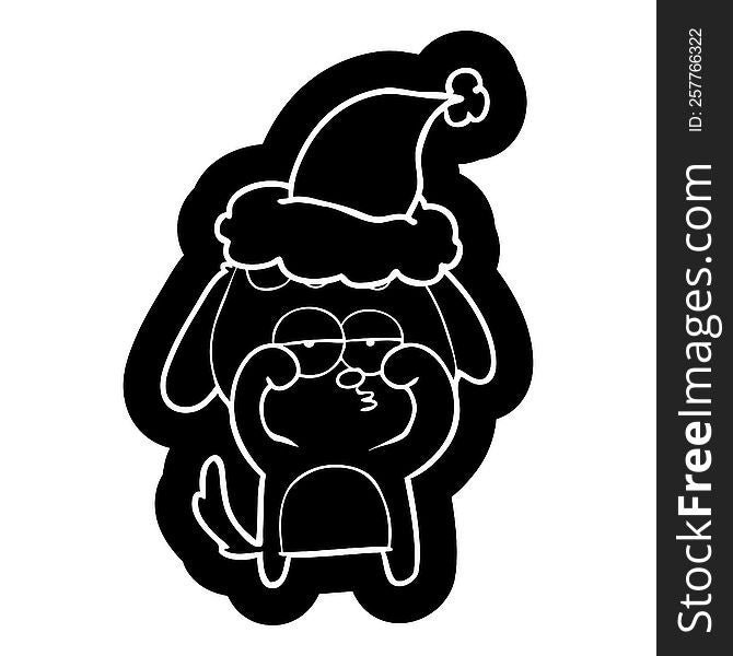 Cartoon Icon Of A Tired Dog Wearing Santa Hat