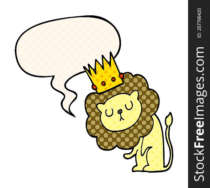 Cartoon Lion And Crown And Speech Bubble In Comic Book Style