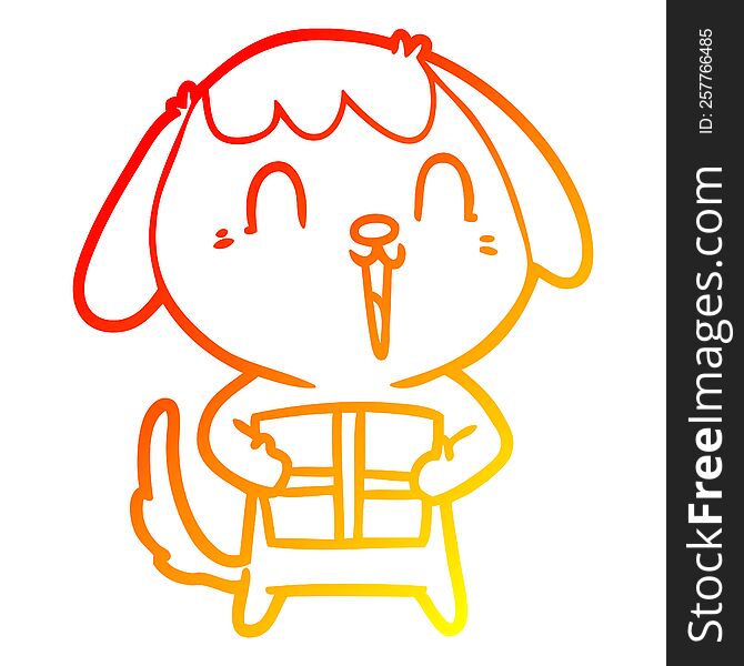 warm gradient line drawing of a cute cartoon dog with christmas present