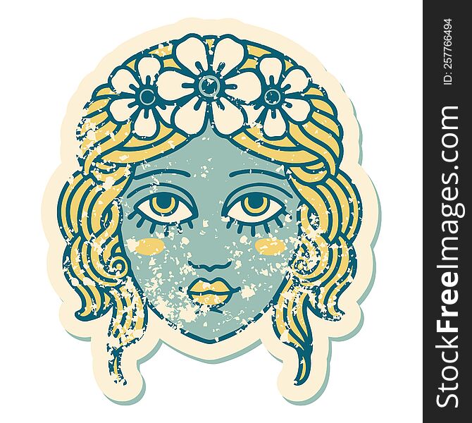 iconic distressed sticker tattoo style image of female face with crown of flowers. iconic distressed sticker tattoo style image of female face with crown of flowers