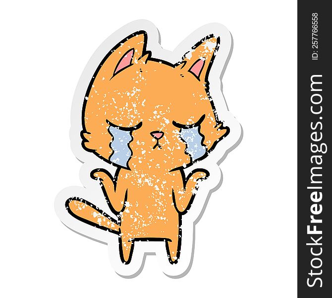 Distressed Sticker Of A Crying Cartoon Cat Shrugging