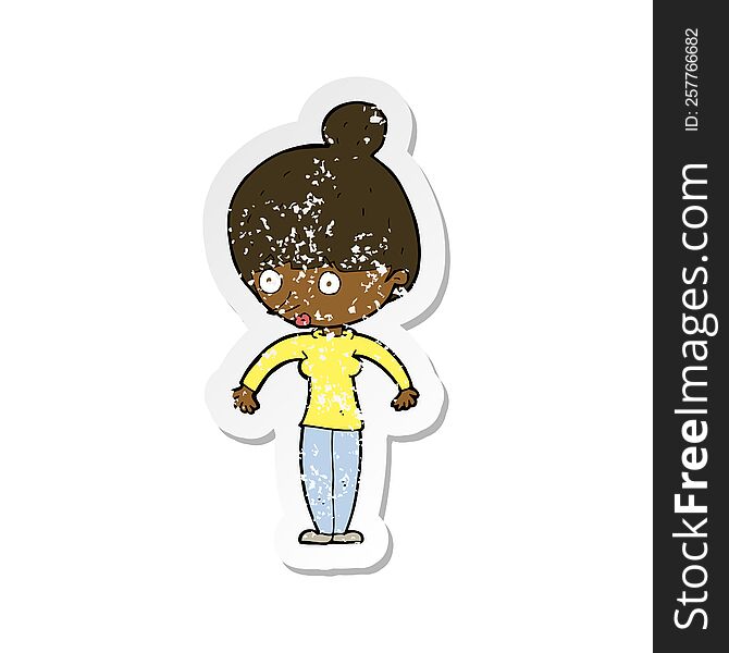 Retro Distressed Sticker Of A Cartoon Woman Staring