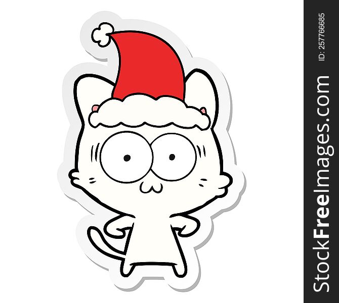 Sticker Cartoon Of A Surprised Cat Wearing Santa Hat
