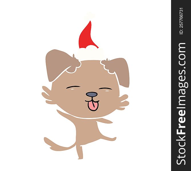 hand drawn flat color illustration of a dancing dog wearing santa hat