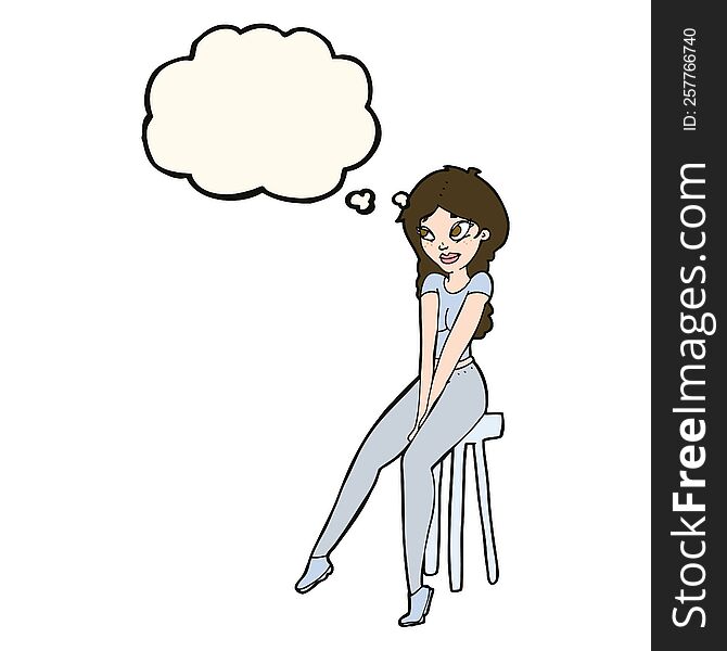 cartoon pretty girl on stool with thought bubble