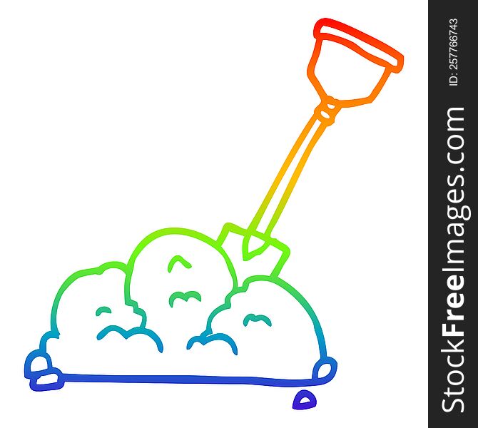 rainbow gradient line drawing of a cartoon shovel in dirt
