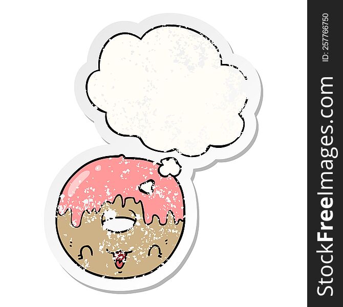 cute cartoon donut with thought bubble as a distressed worn sticker