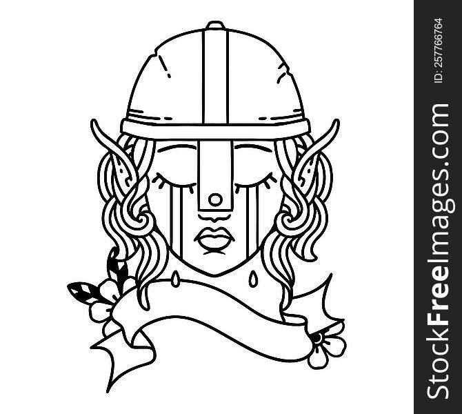 Black and White Tattoo linework Style crying elf fighter character face. Black and White Tattoo linework Style crying elf fighter character face