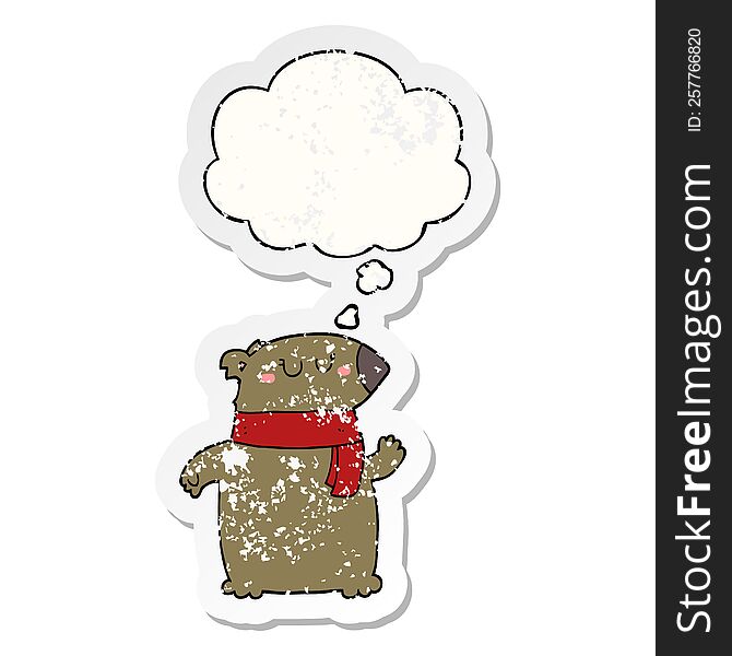 cartoon bear with scarf with thought bubble as a distressed worn sticker