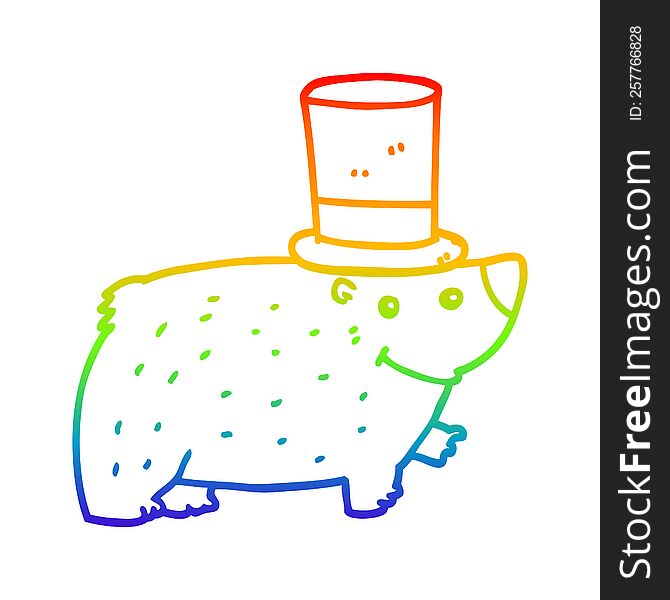 Rainbow Gradient Line Drawing Cartoon Bear Wearing Top Hat